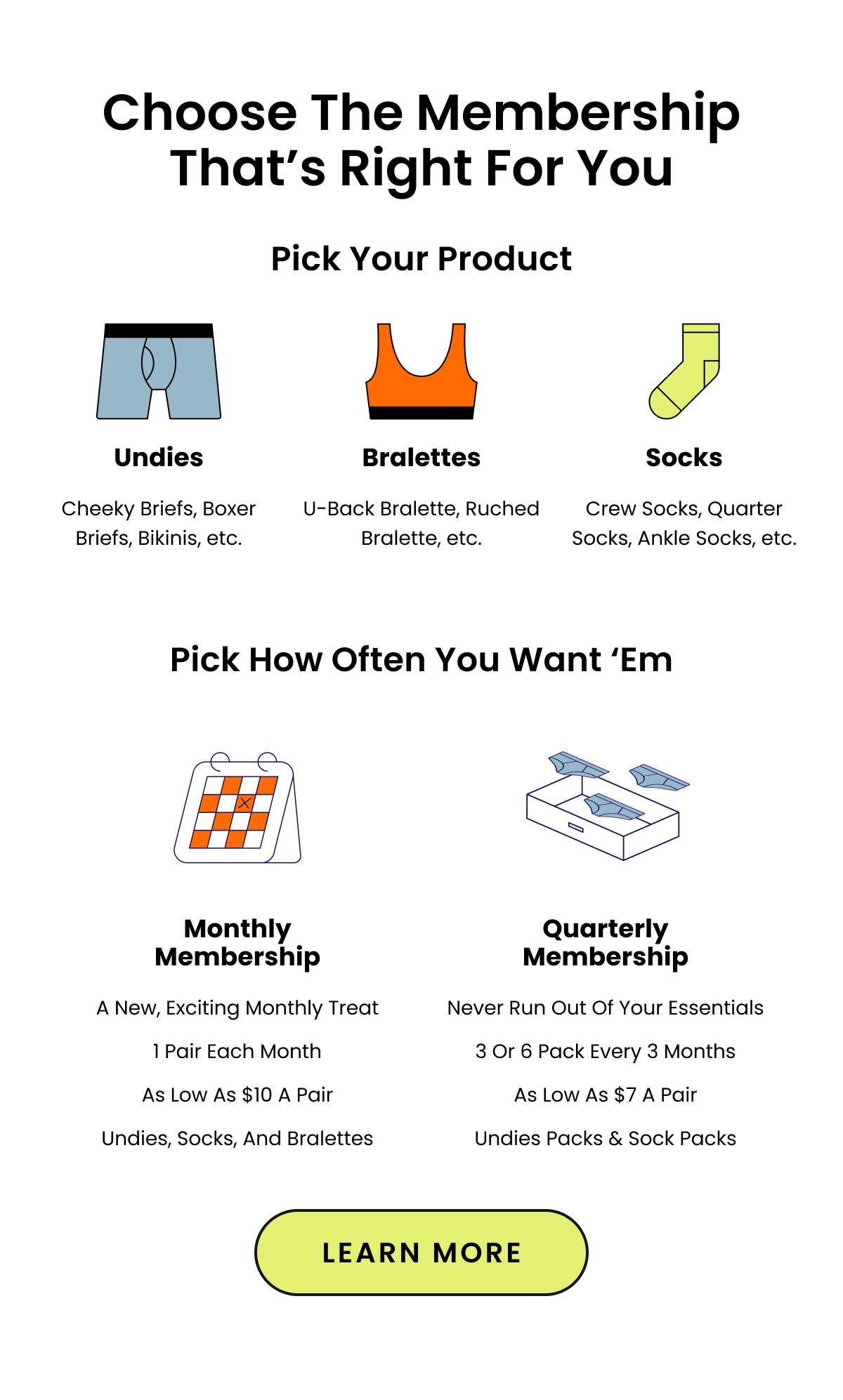 Section 2: Choose the Membership that’s right for you. Pick Your Product: Undies - Cheeky Briefs, Boxer Briefs, etc. Bralettes - U-Back Bralette, Ruched Bralette, etc. Socks - Crew Socks, Ankle Socks, etc. Pick How Often You Want ‘Em Monthly Membership Quarterly Membership -A New, Exciting Monthly Treat. - Never Run Out Of Your Essentials. -1 Pair Per Month. -3 or 6 Pack Every Three Months. -As Low As $10 A Pair. - As Low As $7 A Pair. CTA: Learn More