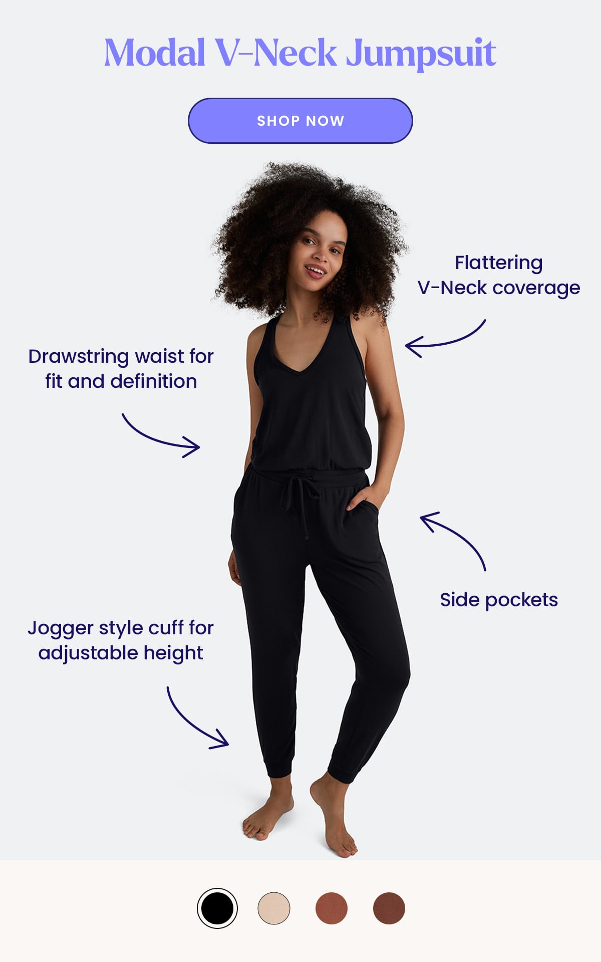 Modal V-Neck Jumpsuit | Shop Now | - Flattering V-Neck coverage - Drawstring waist for fit and definition - Side pockets - Jogger style cuff for adjustable height 