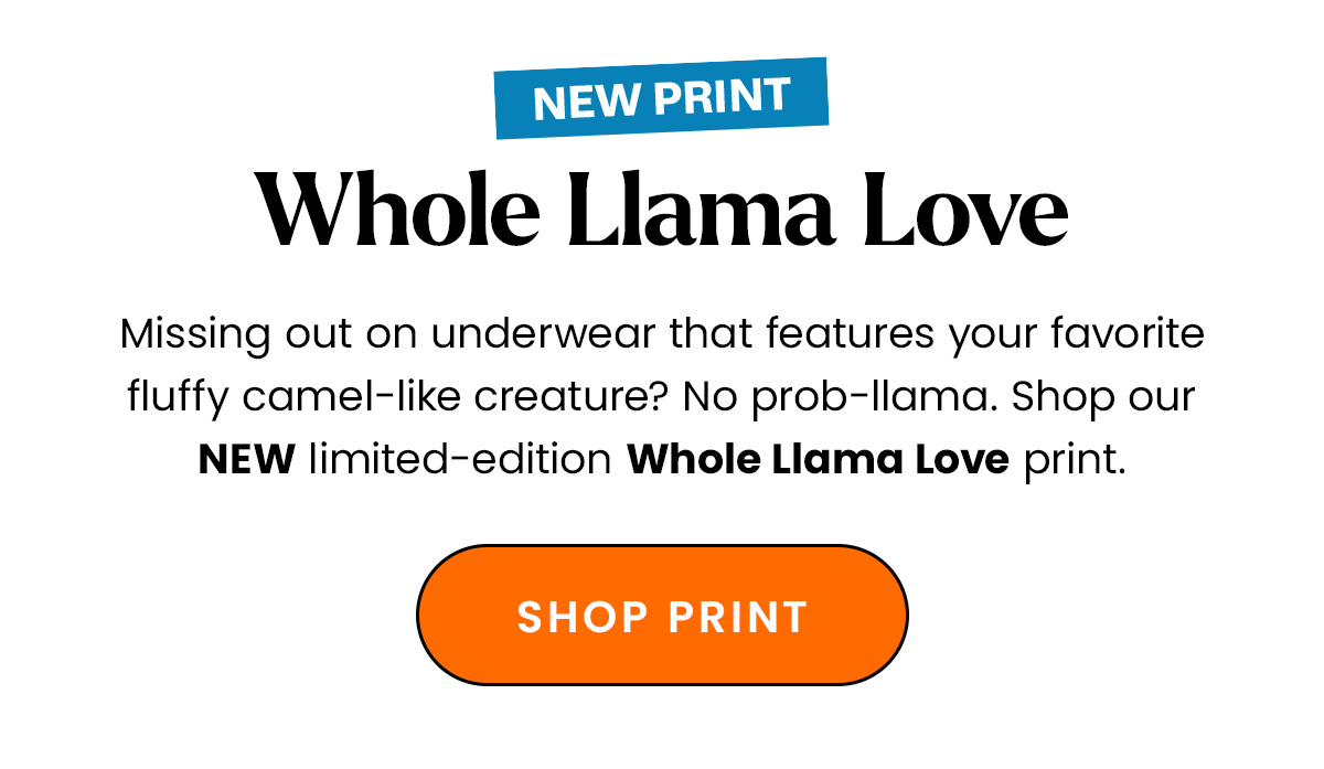 Body: Missing out on underwear that features your favorite fluffy camel-like creature? No prob-llama. Shop our new limited-edition Whole Llama Love print. CTA: Shop Print