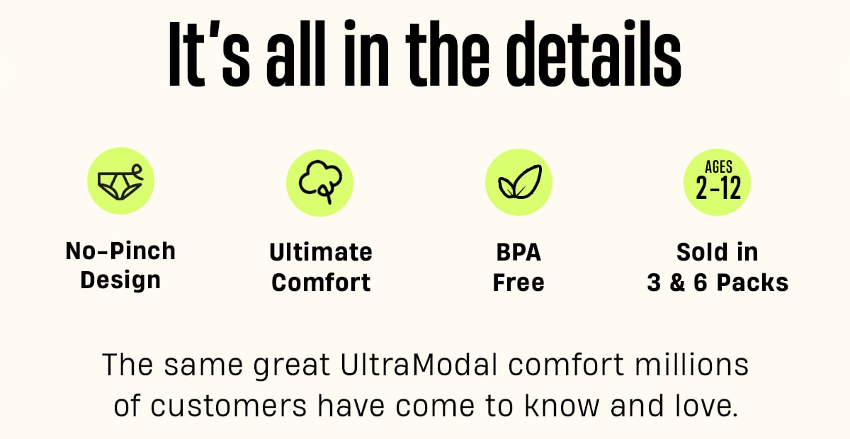 It's all in the details | No-Pinch Design | Ultimate Comfort | BPA Free | Sold in 3 & 6 Packs | The same great UltraModal comfort millions of customers have come to know and love.