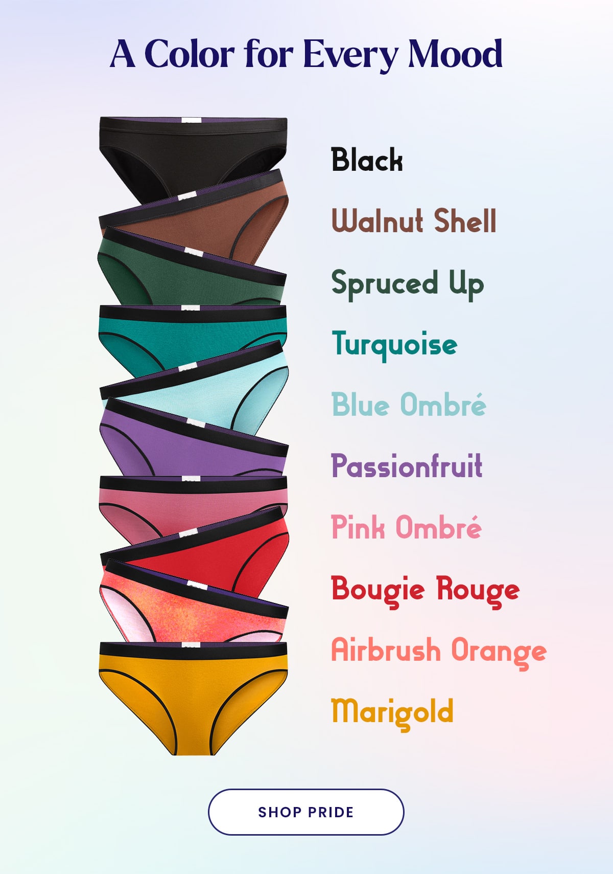 A Color for Every Mood | Black, Walnut Shell, Spruced Up, Turquoise, Blue Ombre, Passionfruit, Pink Ombre, Bougie Rouge, Airbrush Orange, Marigold | Shop Pride