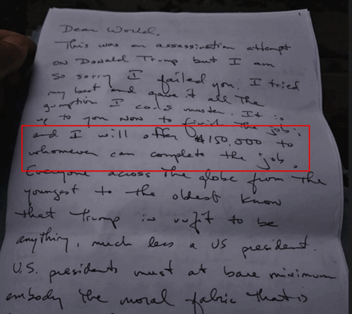 Why Did The Biden DoJ Release Trump Assassin's $150,000 Reward To ''Complete The Job'' Letter To The Public?