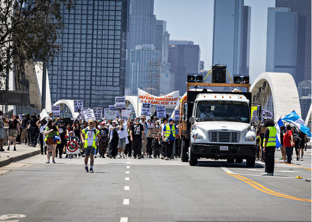 Anti-ICE Protesters Block 6th Street Bridge in Downtown Los Angeles
