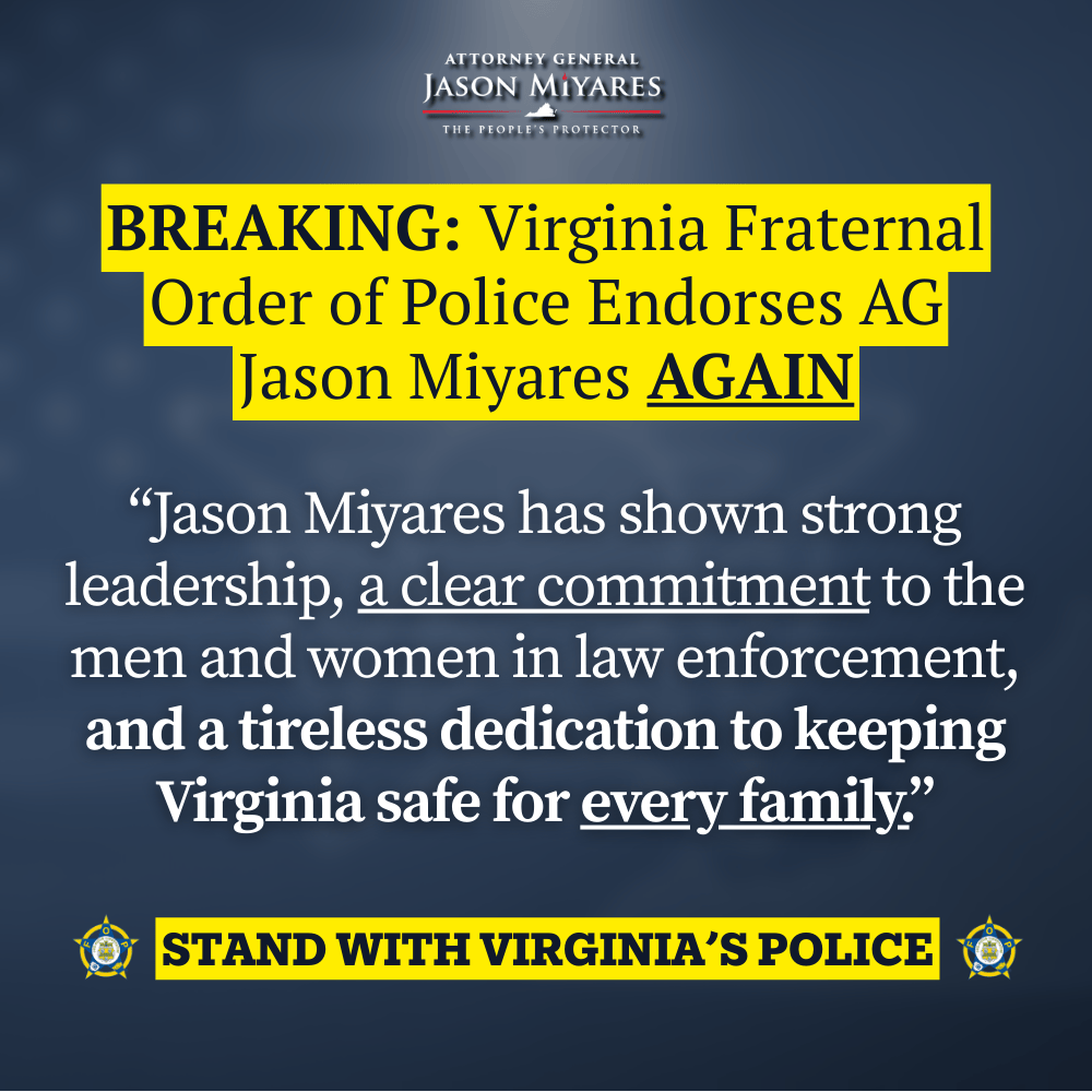 BREAKING: Virginia FOP Endorses AG Jason Miyares AGAIN