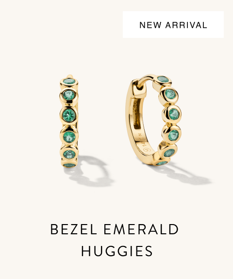 New Arrival. Bezel Emerald Huggies.