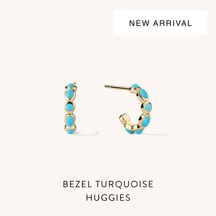 New Arrival. Bezel Turquoise Huggies.