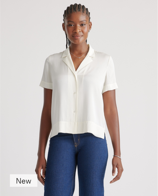 Washable Stretch Silk Short Sleeve Notch Collar Blouse