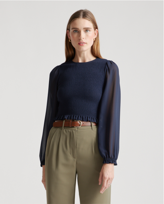 Chiffon Cropped Smocked Blouse