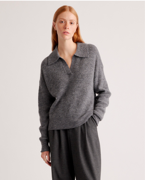 Baby Alpaca-Wool Waffle Stitch Polo Sweater