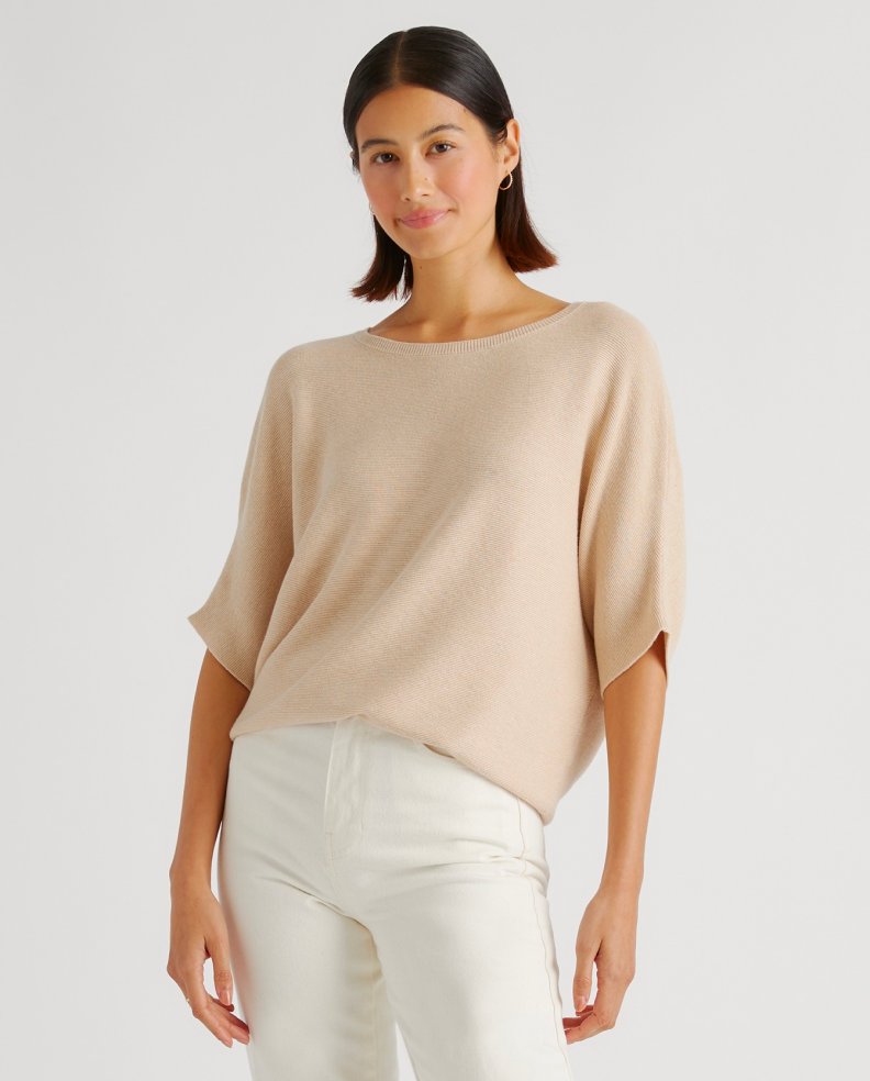 Lightweight Cotton Cashmere Link-Stitch Dolman Sweater