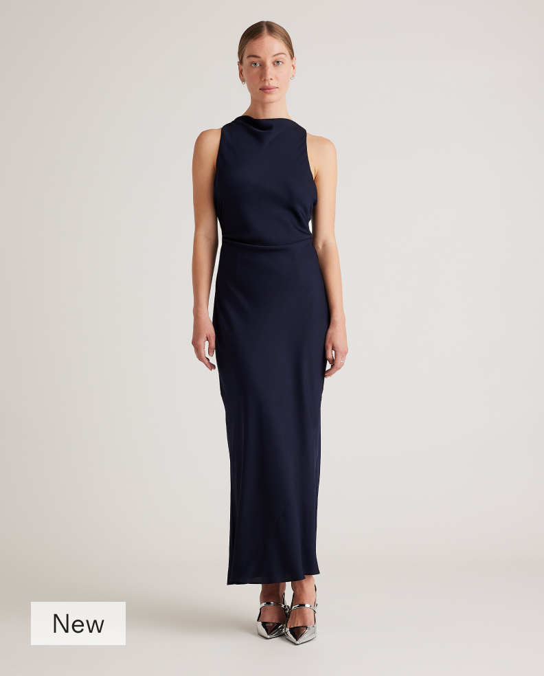 Washable Stretch Silk High Neck Midi Dress
