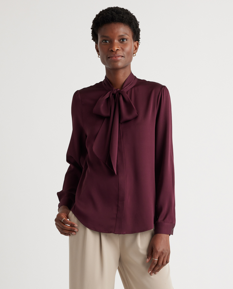 Washable Stretch Silk Tie Neck Blouse