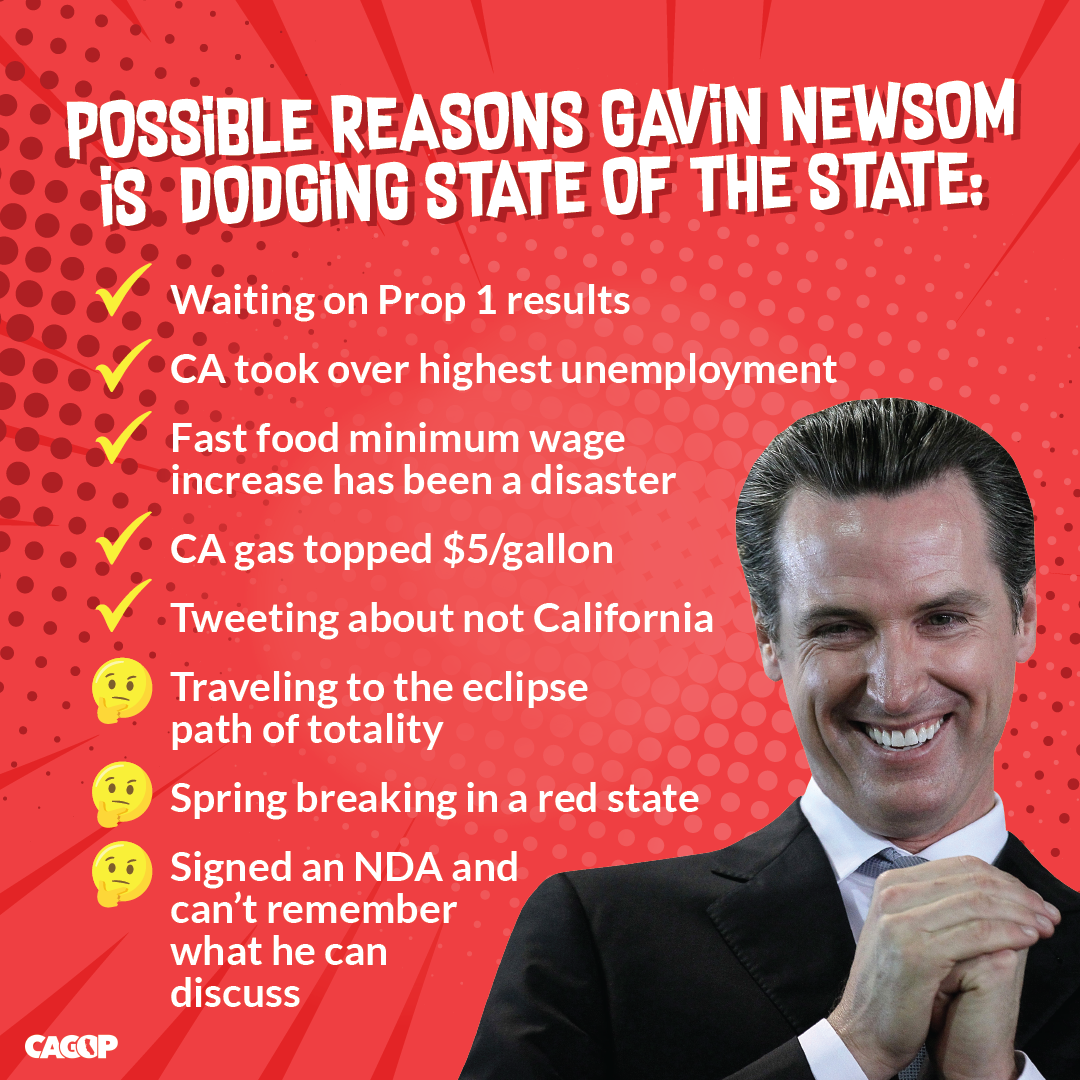 Graphic showing reasons Newsom is avoiding CA