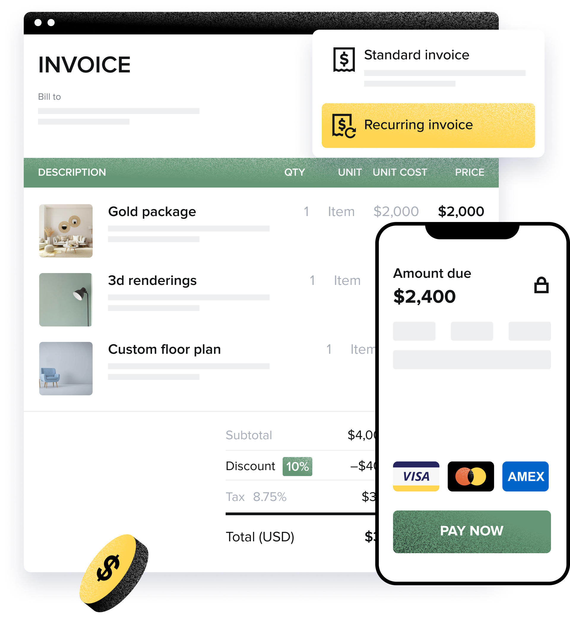 High-fidelity UI of HoneyBook invoice