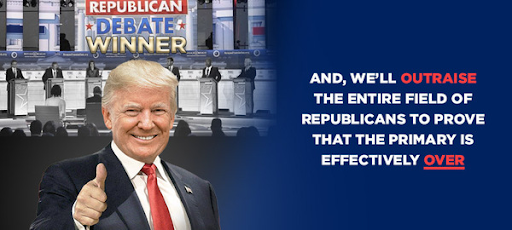 AND, WE'LL OUTRAISE THE ENTIRE FIELD OF REPUBLICANS TO PROVE THAT HE PRIMARY IS EFFECTIVELY OVER