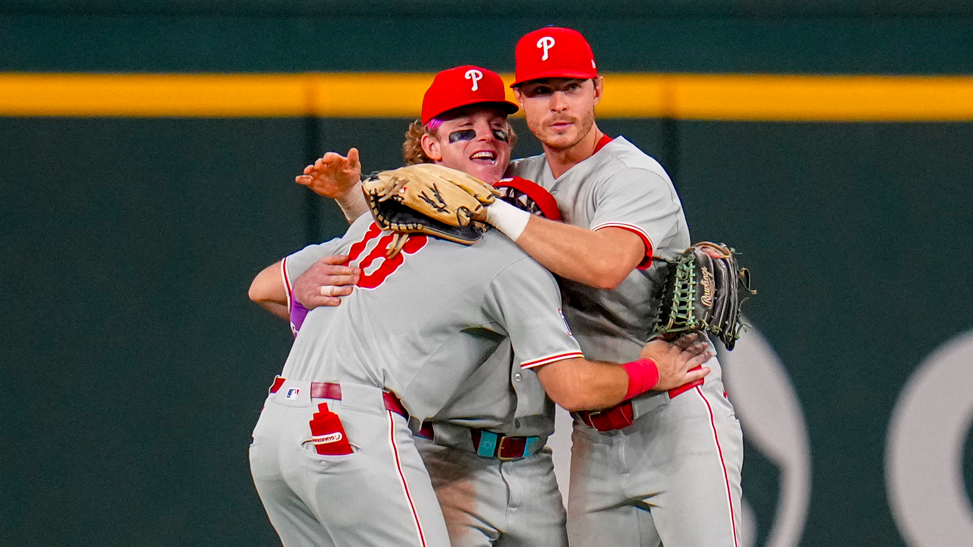From left: Brandon Marsh, Harrison Bader and Max Kepler