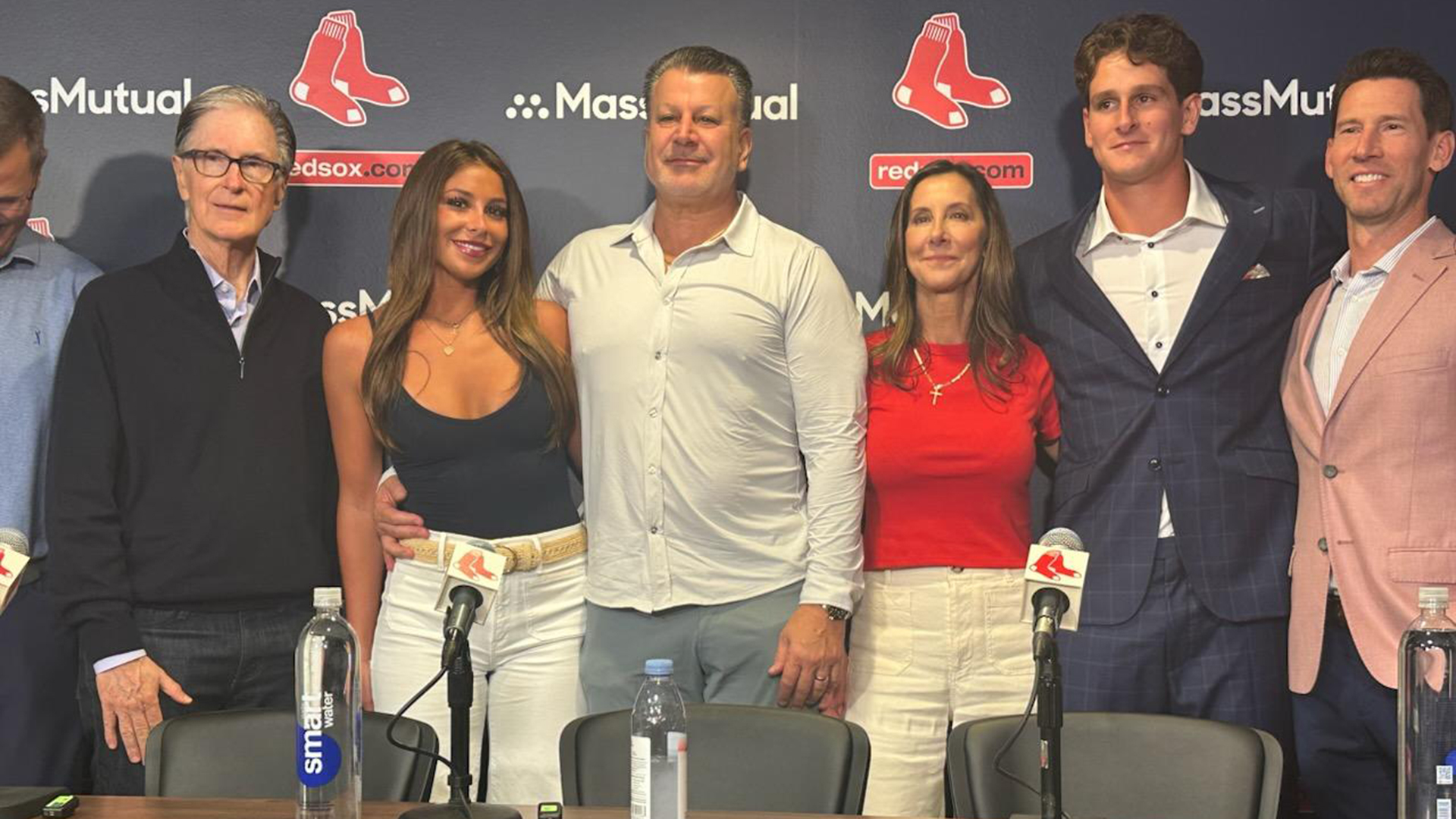 Roman Anthony, second from right, at a press conference to announce his contract extension
