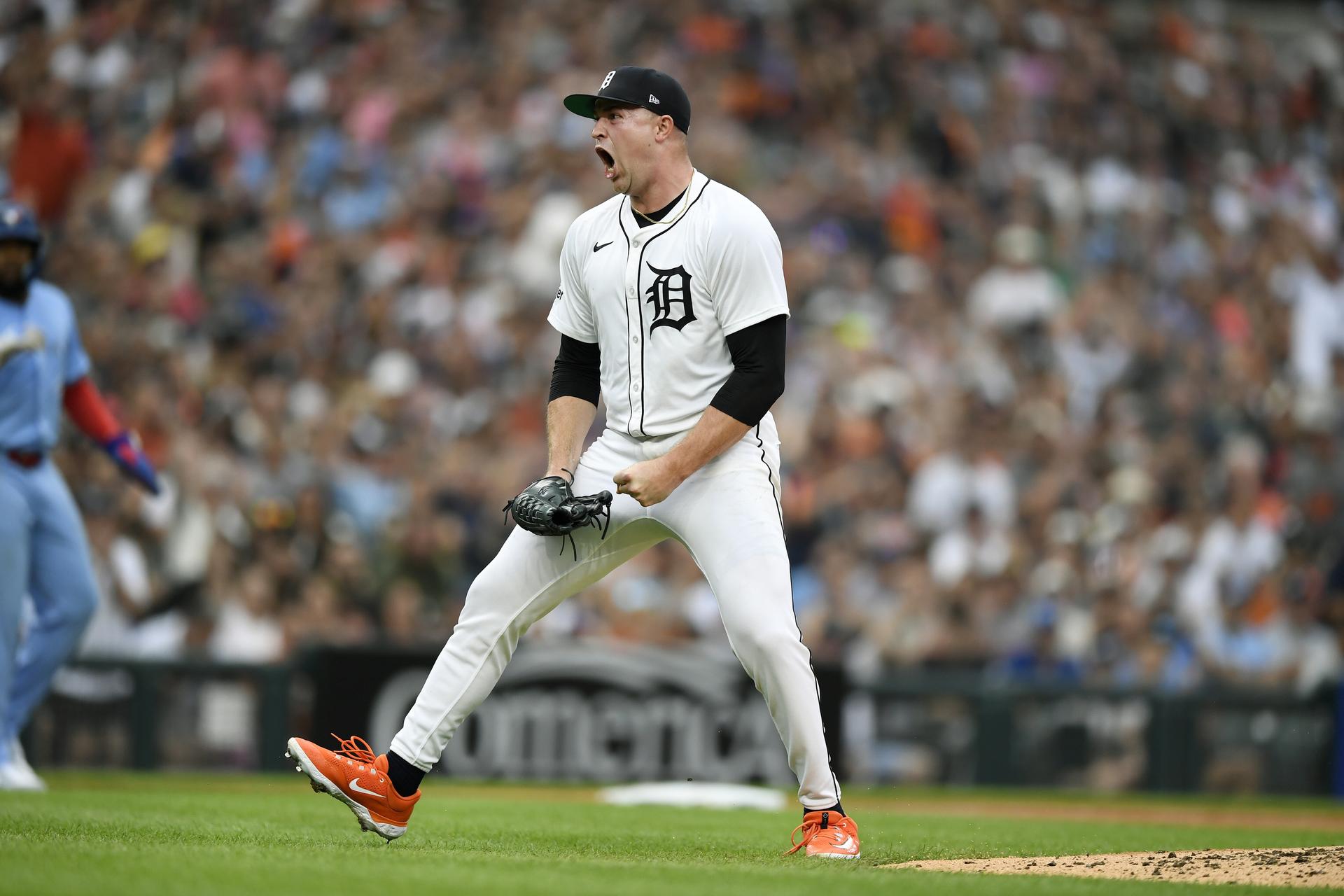 Tarik Skubal showing emotion after a big out