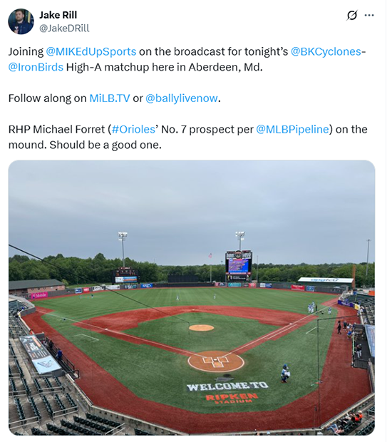 Jake Rill's social post at High-A Aberdeen