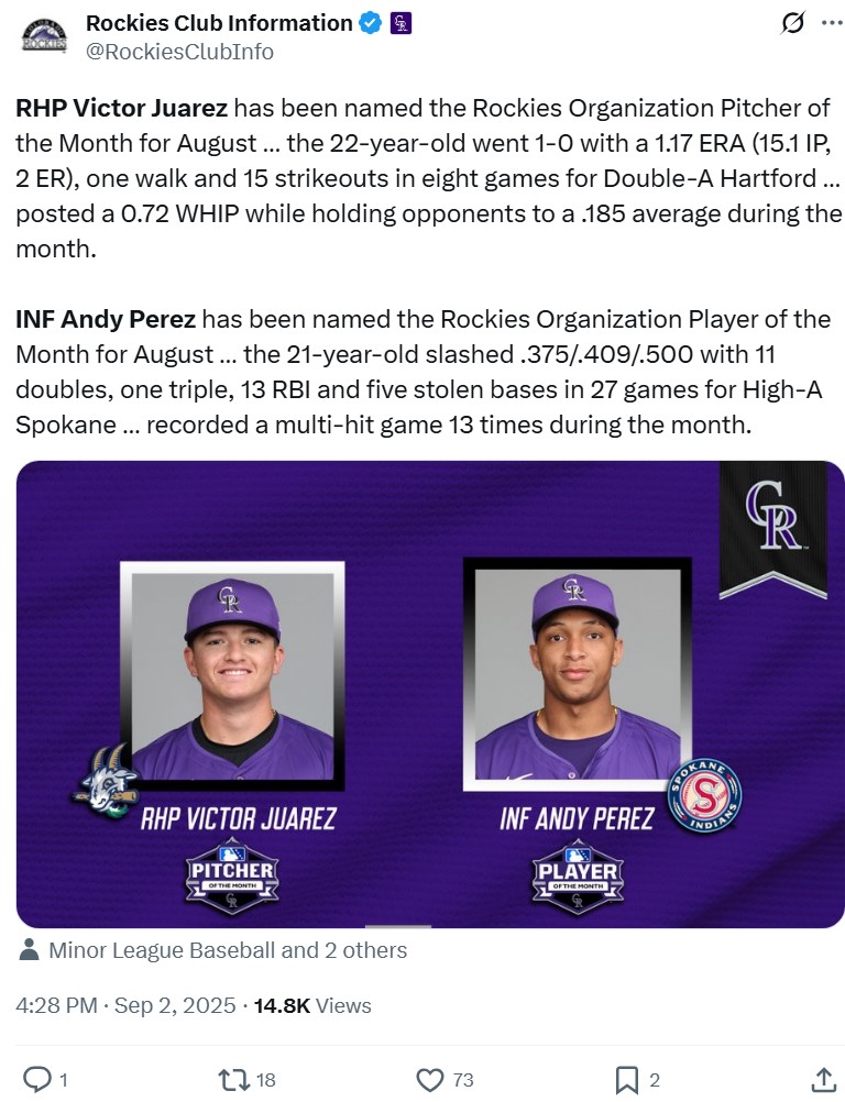 Rockies' X post on Victor Juarez and Andy Perez