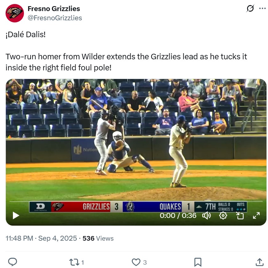 Single-A Fresno's X post on Wilder Dalis