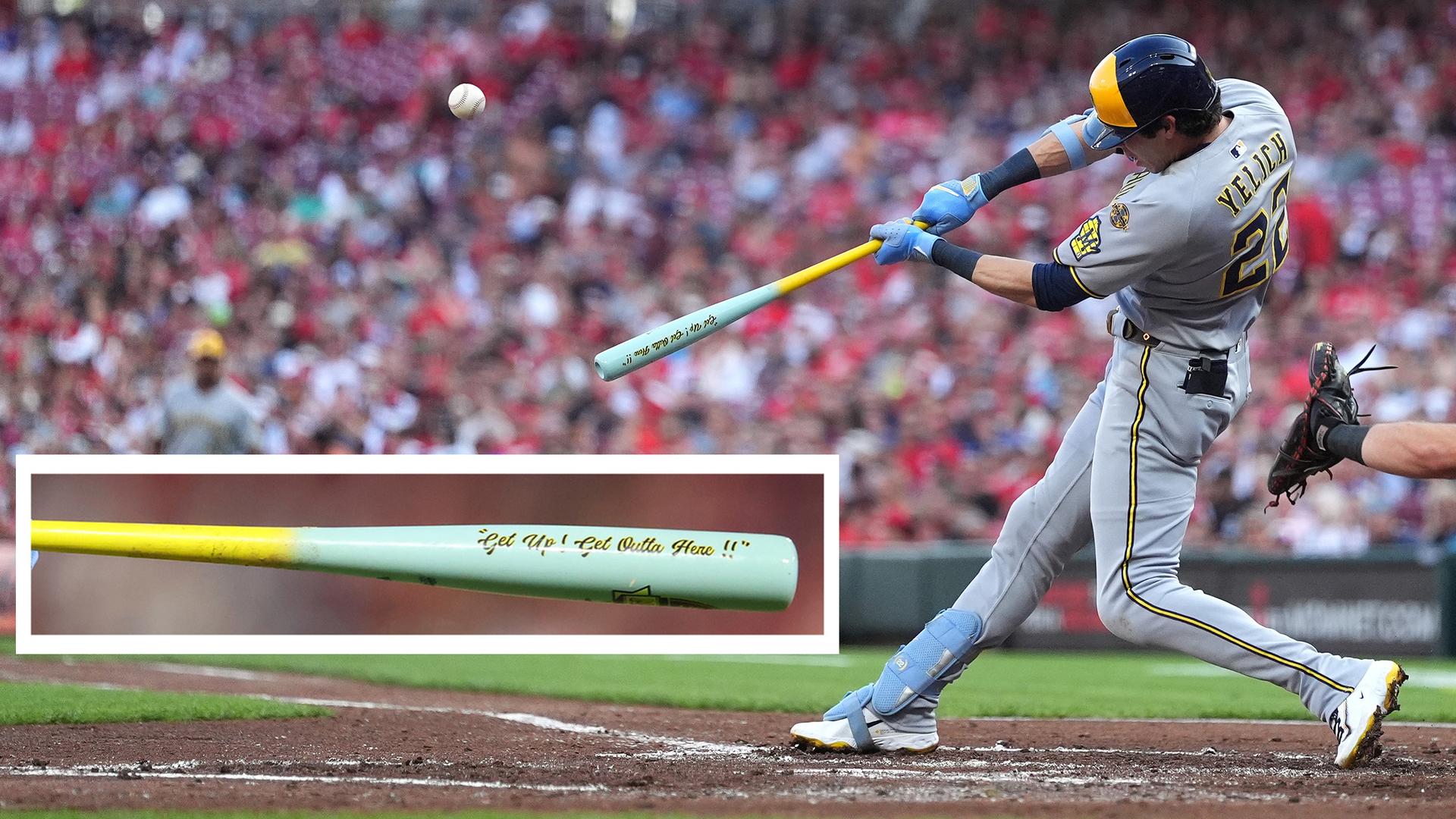 Christian Yelich and his Bob Uecker tribute bat
