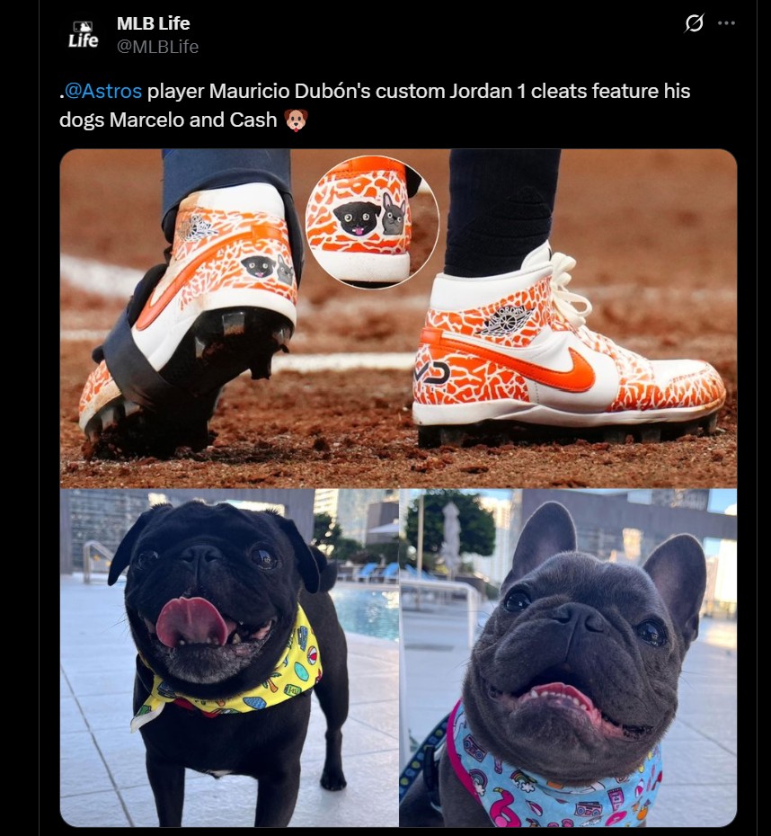 Mauricio Dubón's cleats with dogs Marcelo and Cash