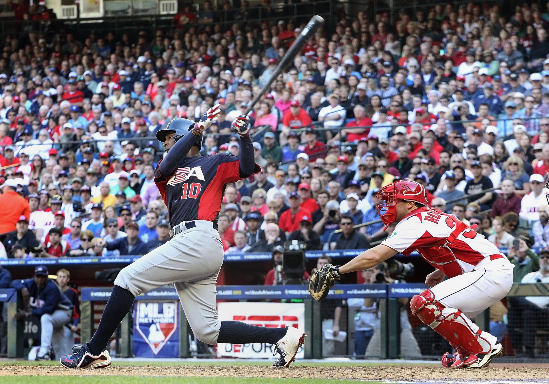 Adam Jones swings at the 2013 World Baseball Classic. 