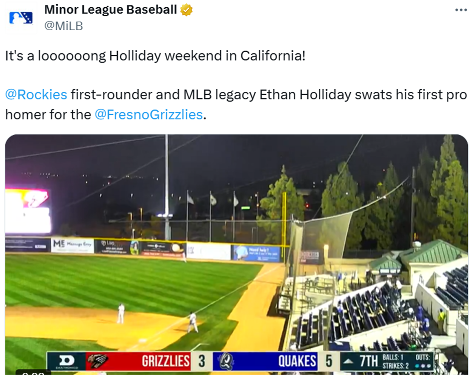 Minor League Baseball's X post on Ethan Holliday