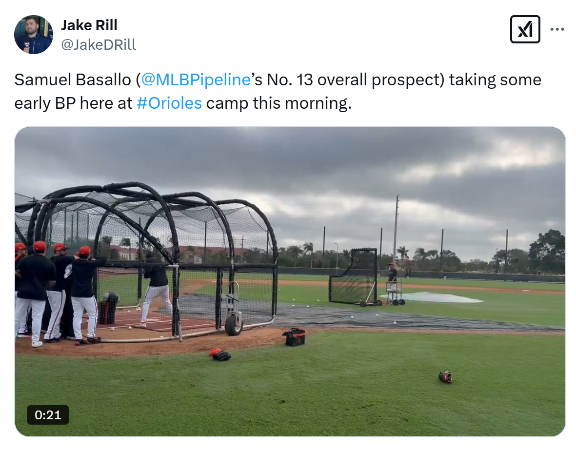 Post from Jake Rill on X: ''Samuel Basallo ( @MLBPipeline ’s No. 13 overall prospect) taking some early BP here at #Orioles camp this morning.''