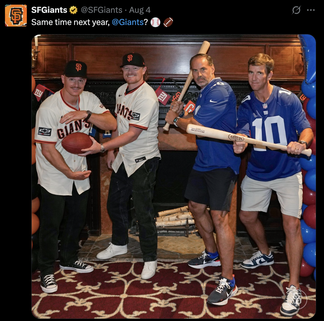 From L to R: Matt Chapman, Logan Webb, Shaun O'Hara, Eli Manning