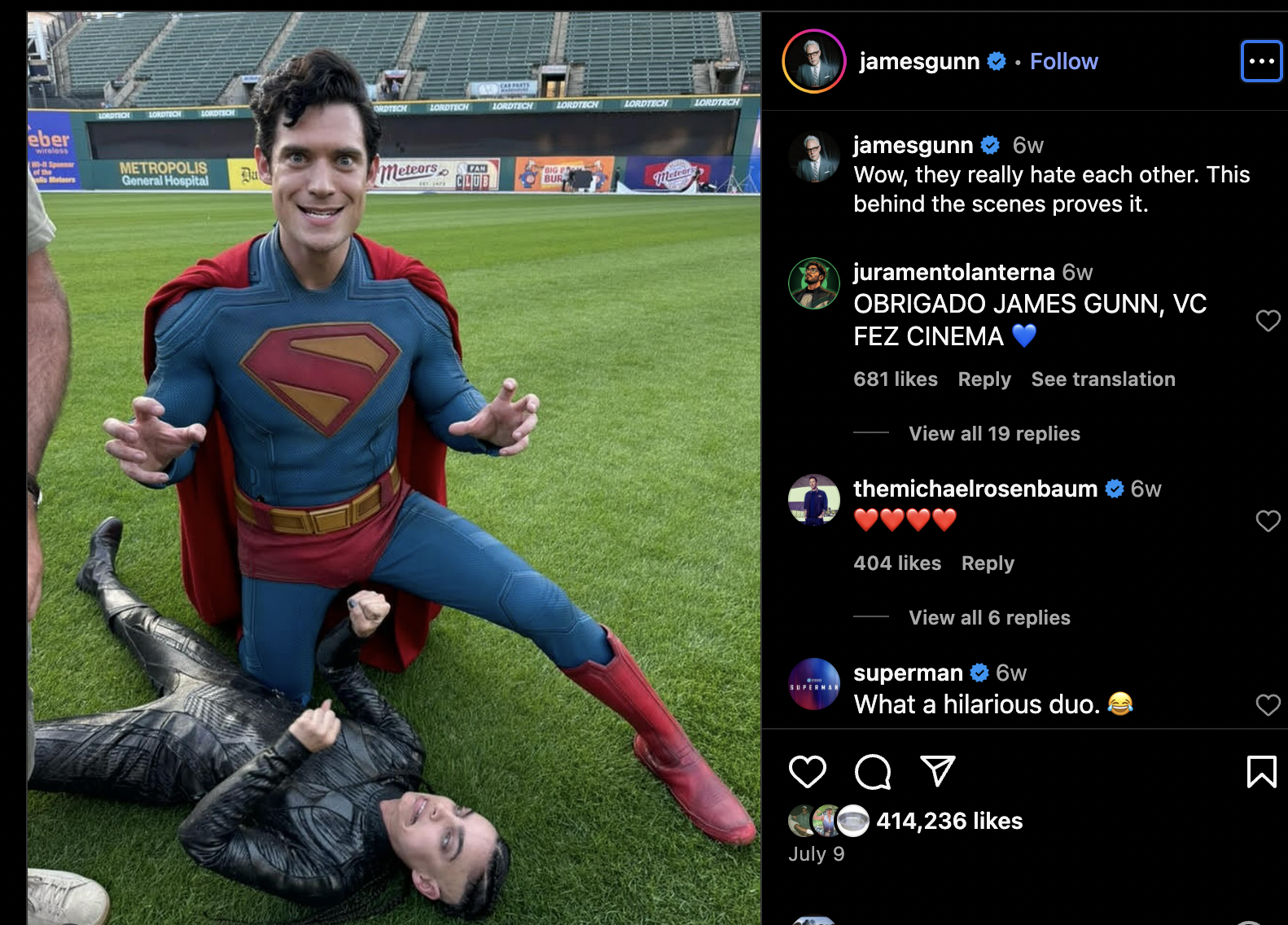James Gunn's Instagram post at Progressive Field