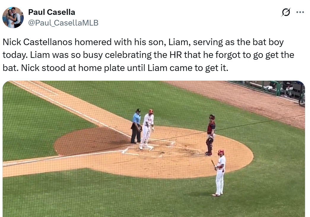 Nick Castellanos waits for son, Liam, to get bat