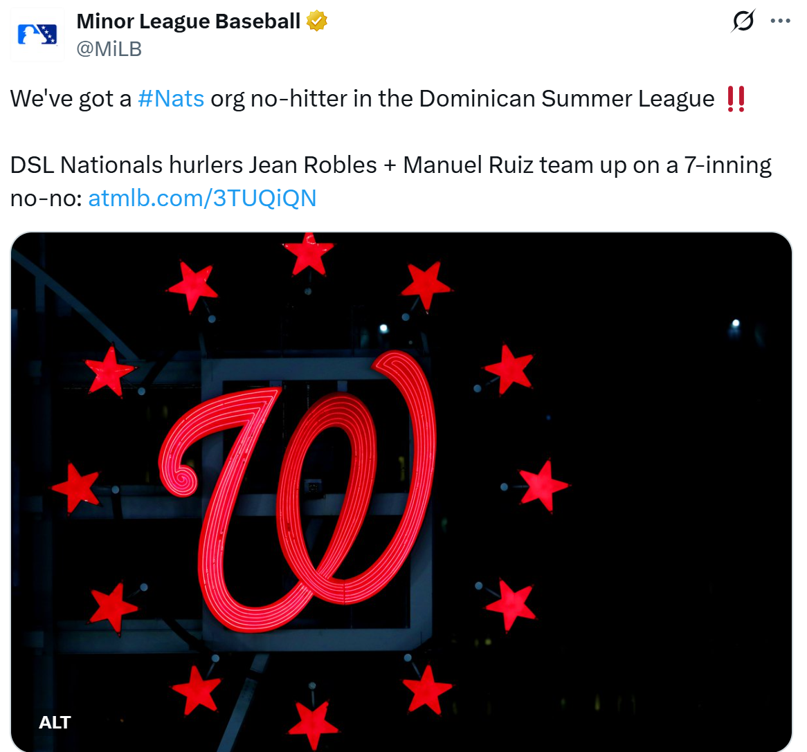 Post on X about Nats' DSL no-hitter