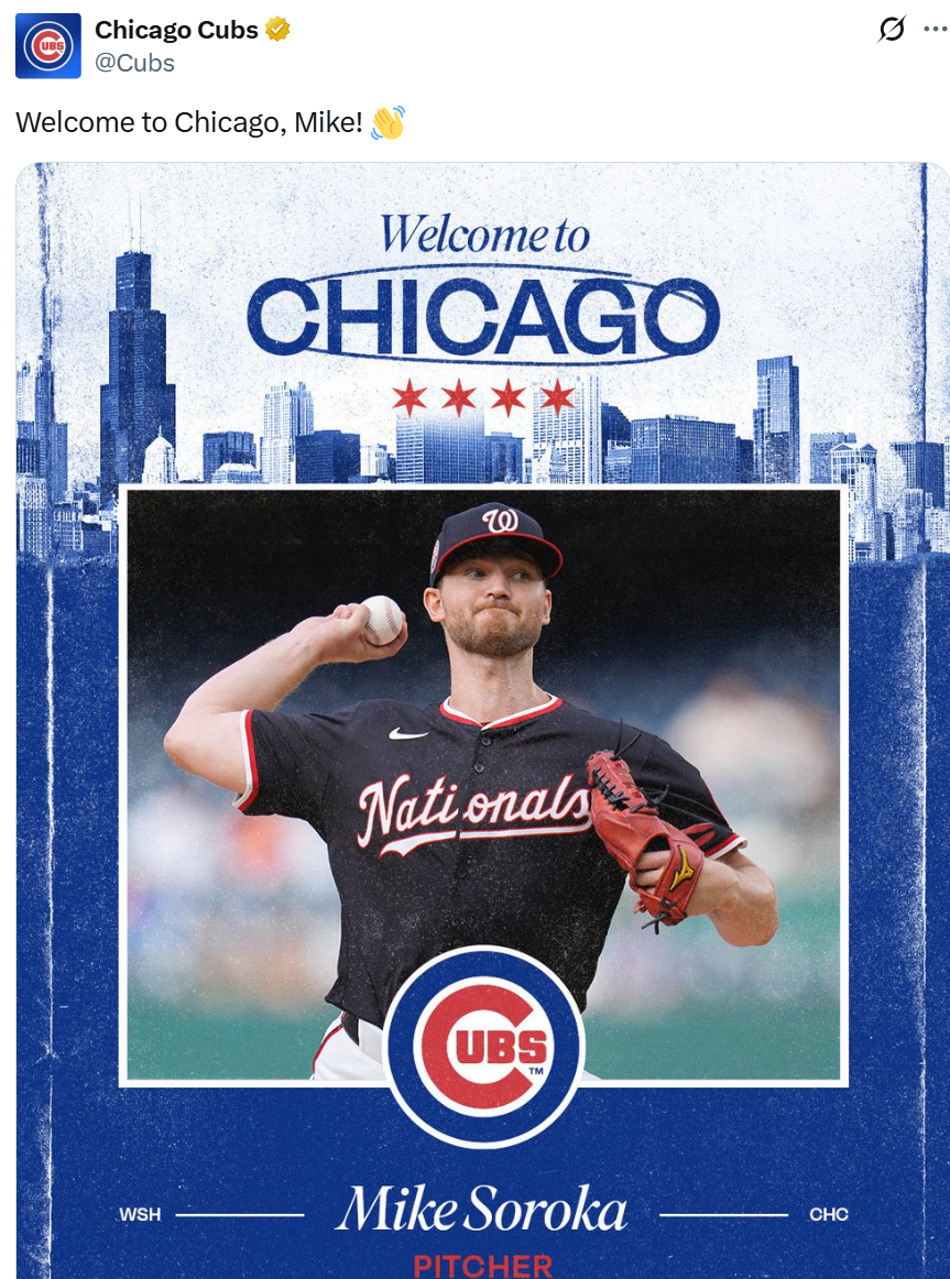 Cubs post on X for Michael Soroka