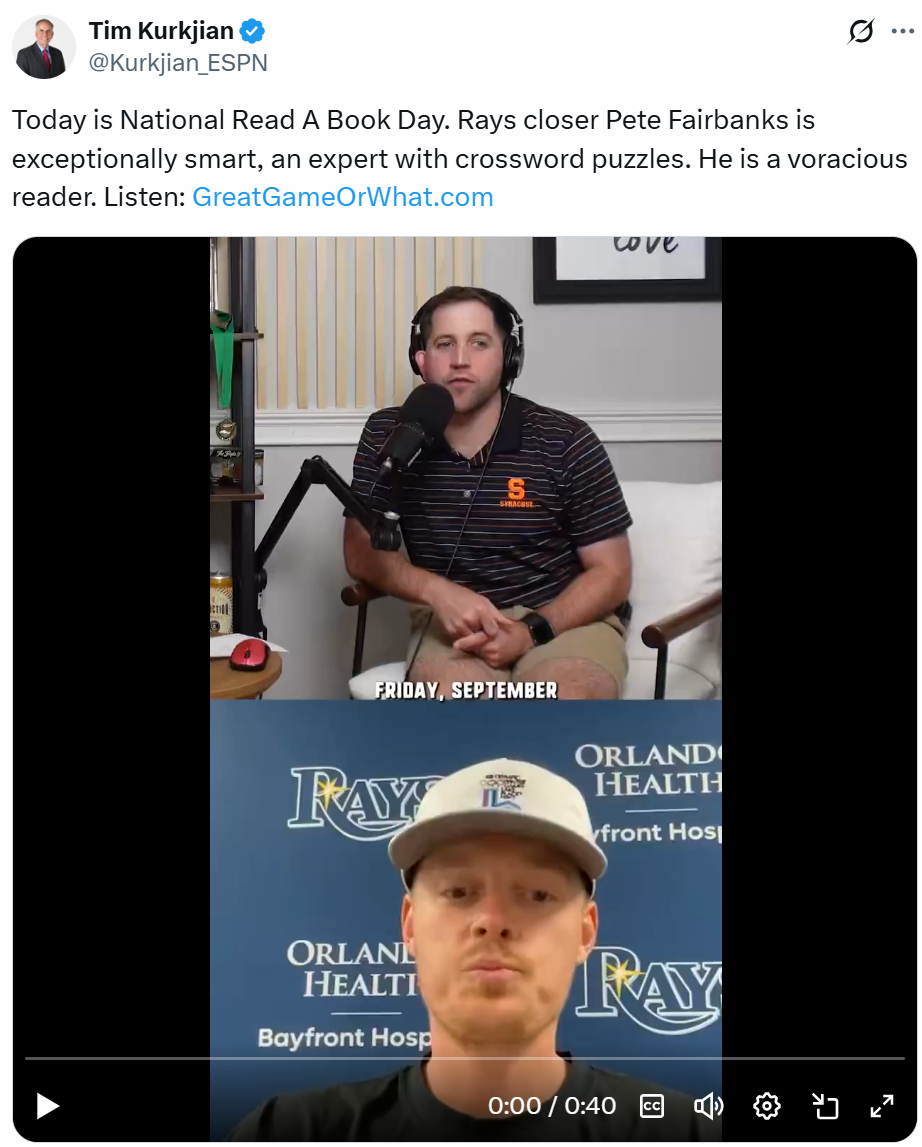 Tim Kurkjian post on X about Pete Fairbanks