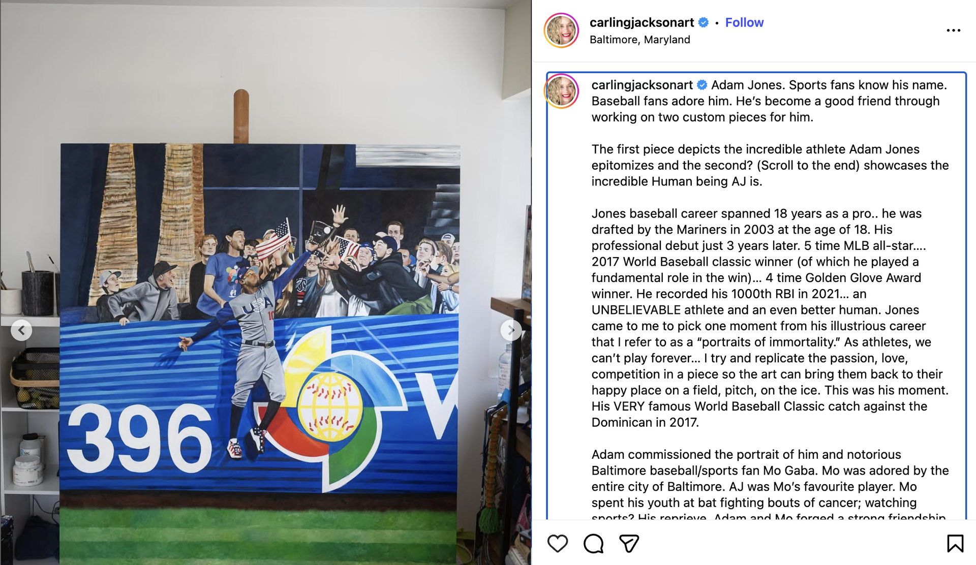 Screenshot of Carling Jackson's Instagram post about painting Jones' catch 