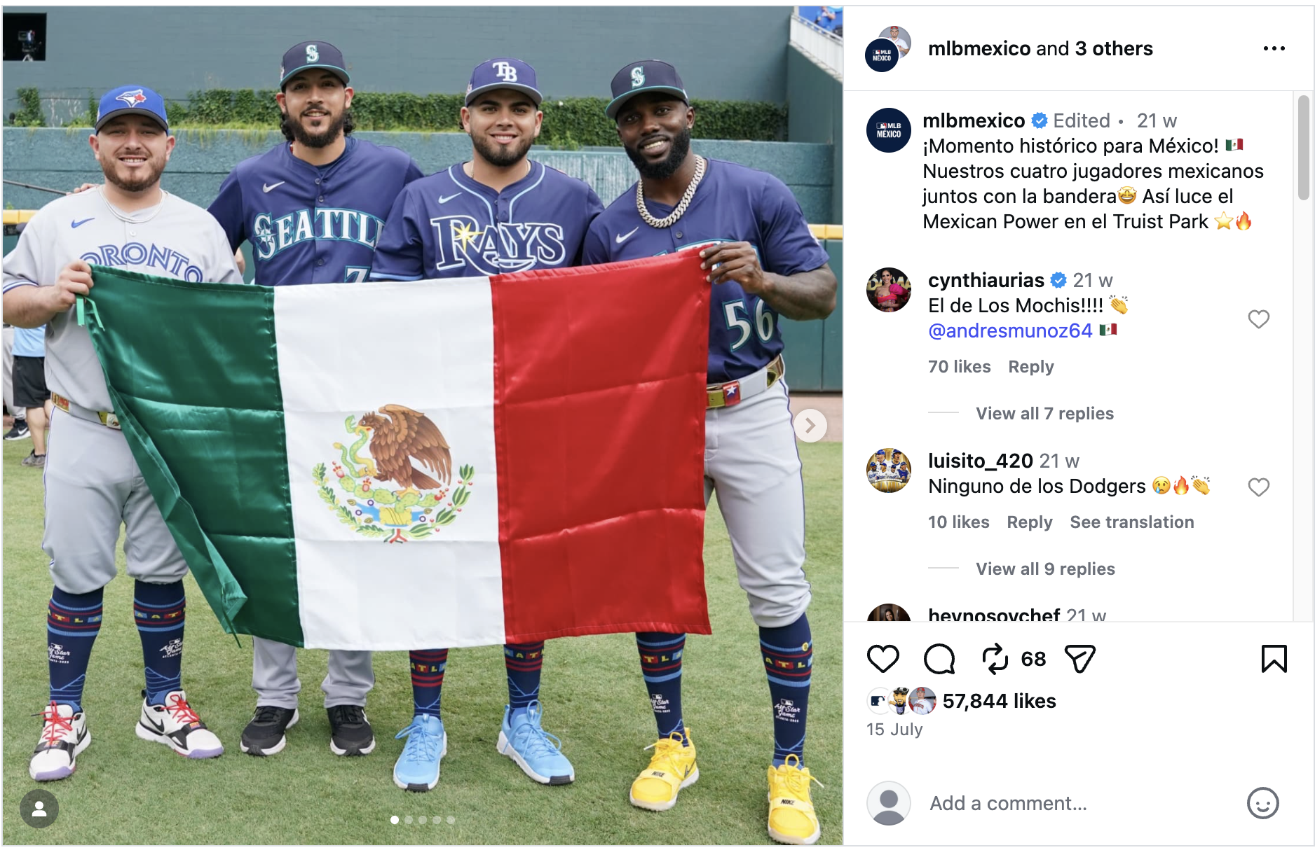 Alejandro Kirk, Andrés Muñoz, Jonathan Aranda and Randy Arozarena pose together at the 2025 MLB All-Star Game. 