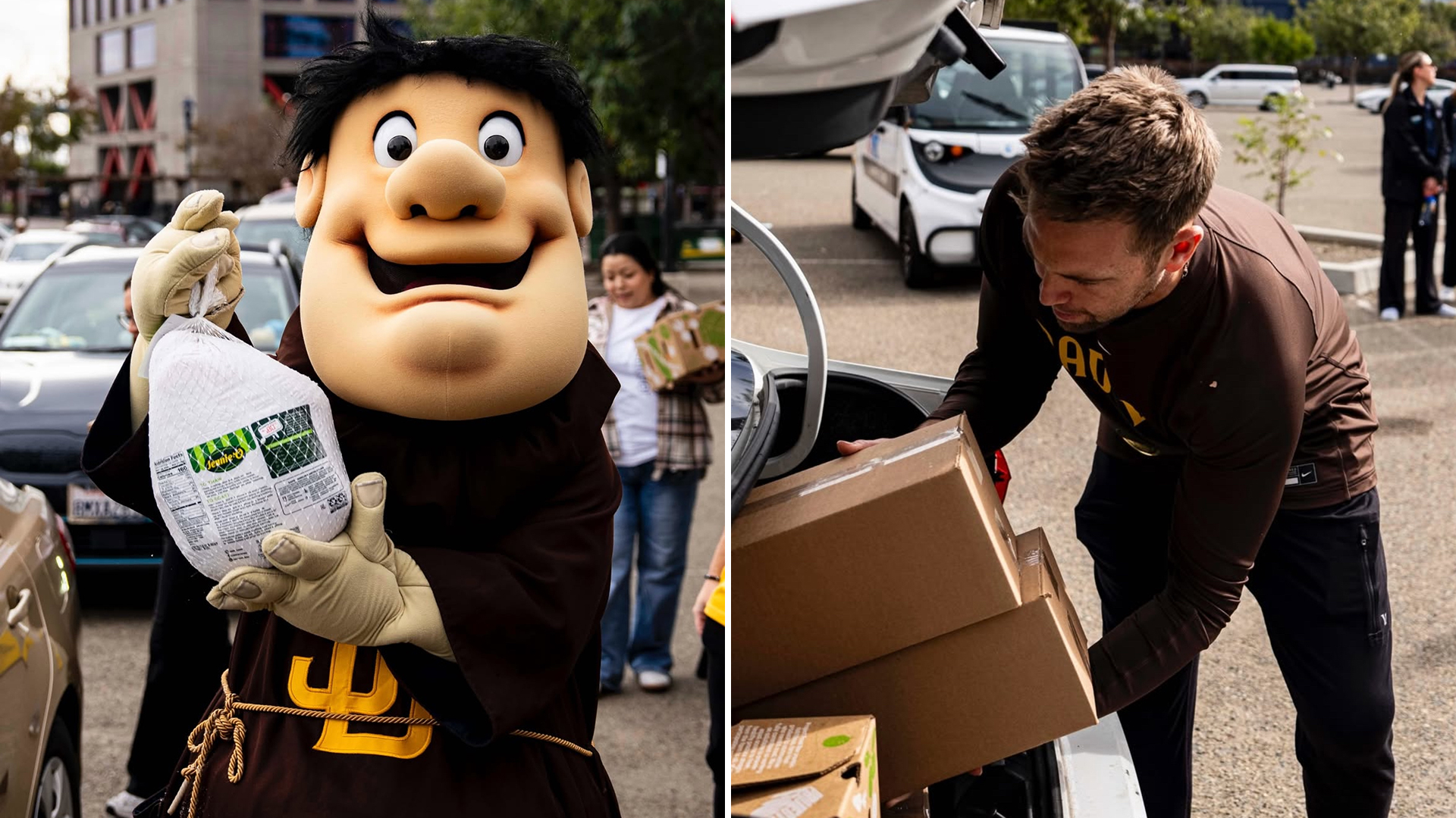 Jason Adam and the Swinging Friar during annual turkey distribution