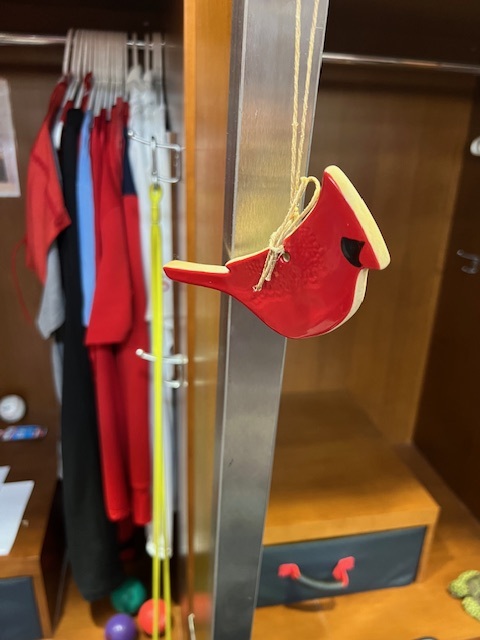 Ceramic cardinal in Sonny Gray's locker honoring his father