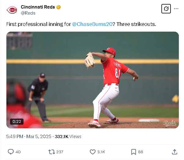 From x.com/Reds, ''First professional inning for @ChaseBurns20? Three strikeouts.''