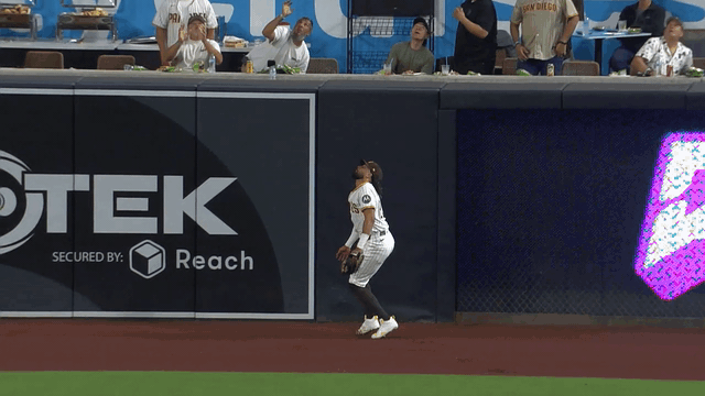 An animated gif of Fernando Tatis Jr.'s home run robbery vs. the Mets
