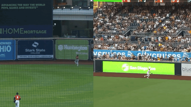Side-by-side GIFs of Gabriel Martinez and Fernando Tatis Jr.