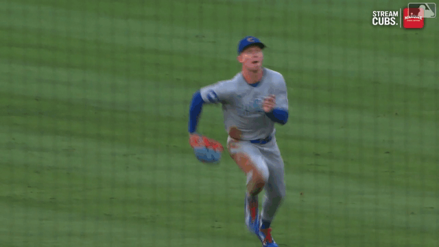An animated gif of Pete Crow-Armstrong making a diving catch in Anaheim