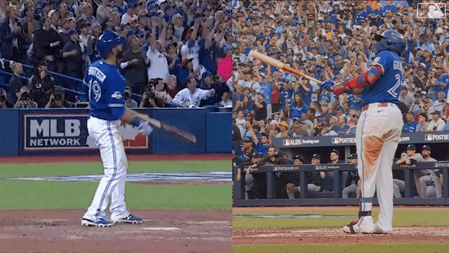 Side-by-side animated GIFs of José Bautista and Vladimir Guerrero Jr.'s bat flips