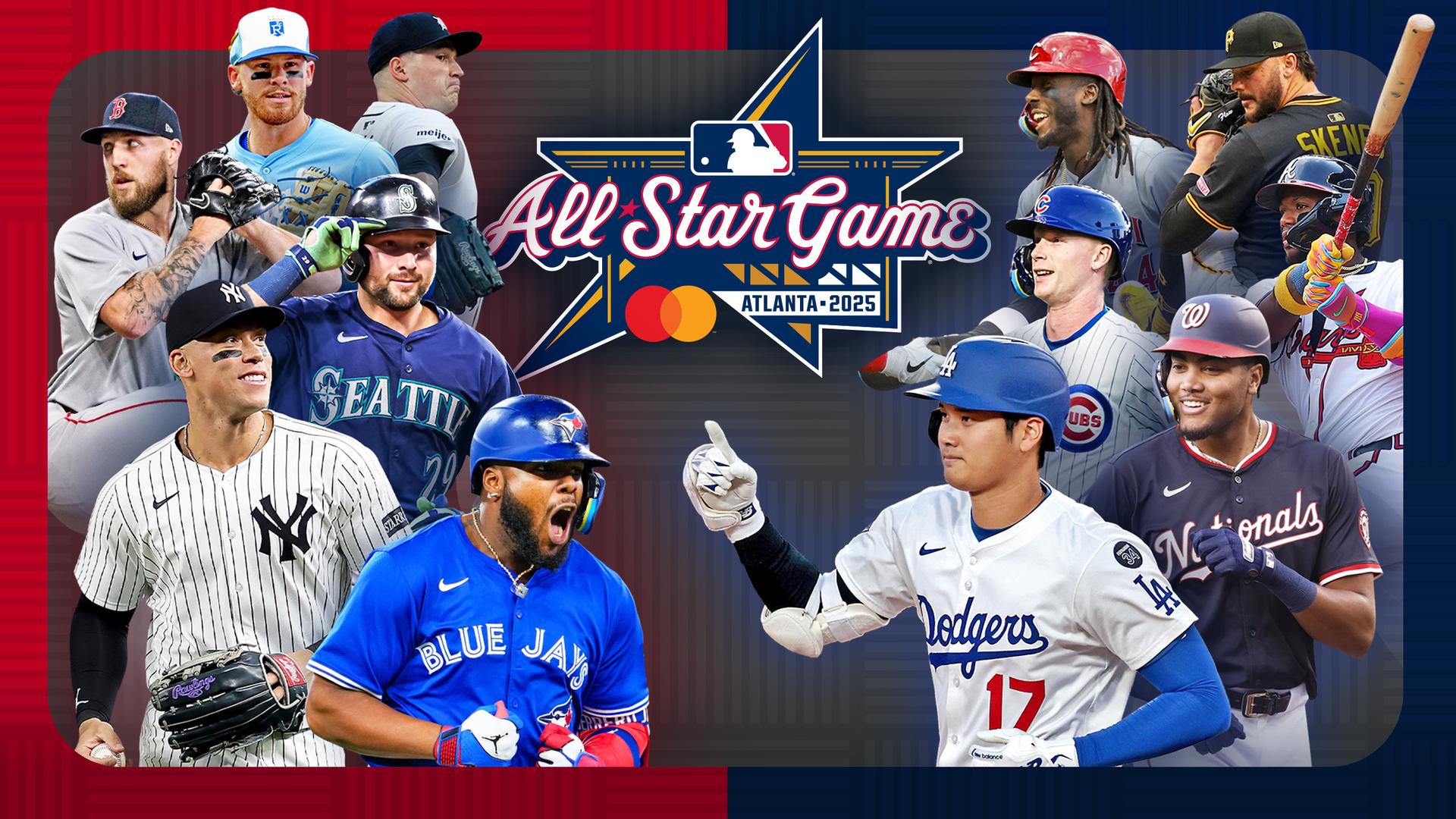 A designed image with six American League players and six National League players on either side of the 2025 All-Star Game logo