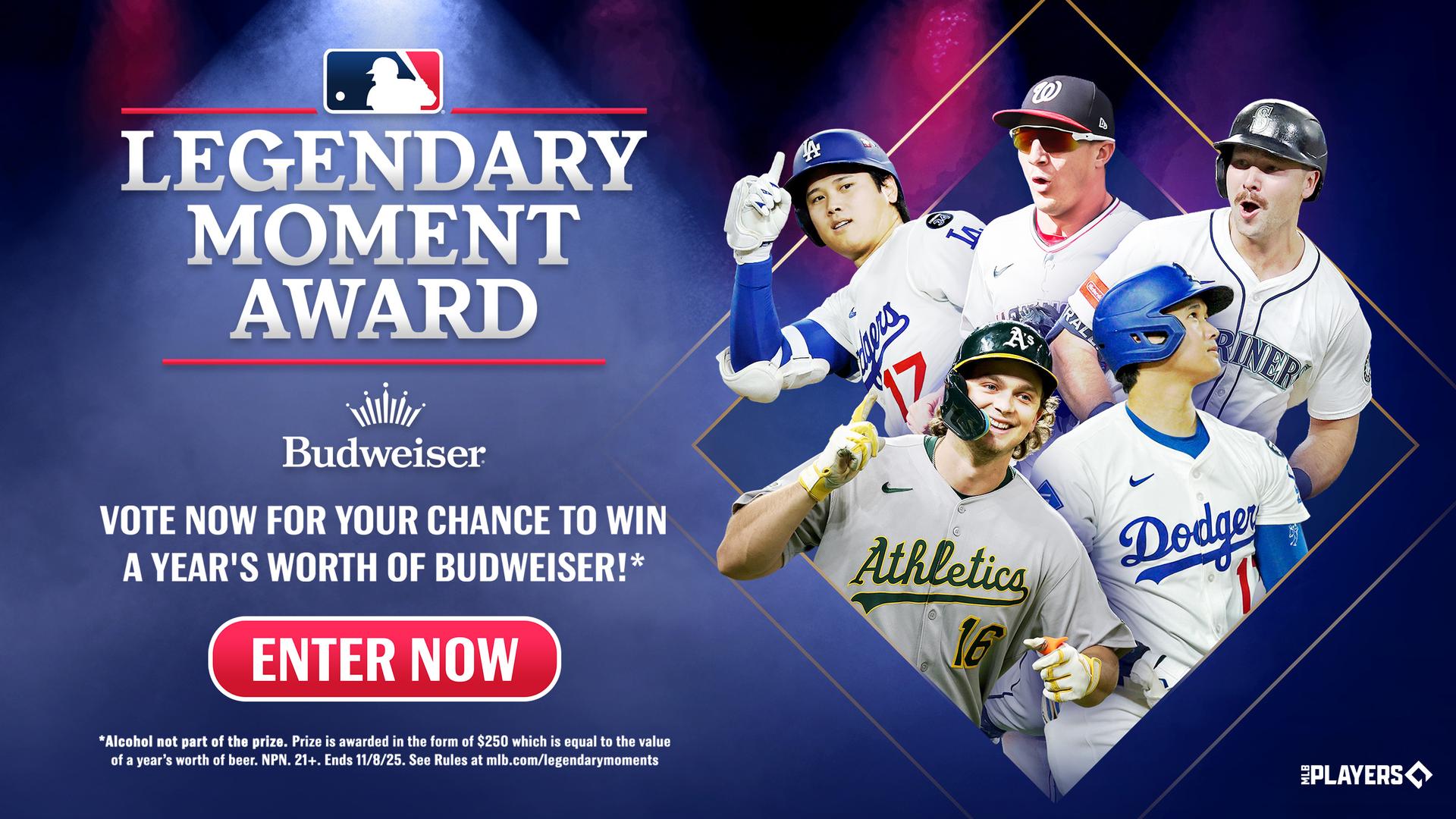 Shohei Ohtani, Jacob Young, Cal Raleigh and Nick Kurtz next to the logo for Budweiser and the Legendary Moment Award Shohei Ohtani, Jacob Young, Cal Raleigh and Nick Kurtz next to the logo for Budweiser and the Legendary Moment Award