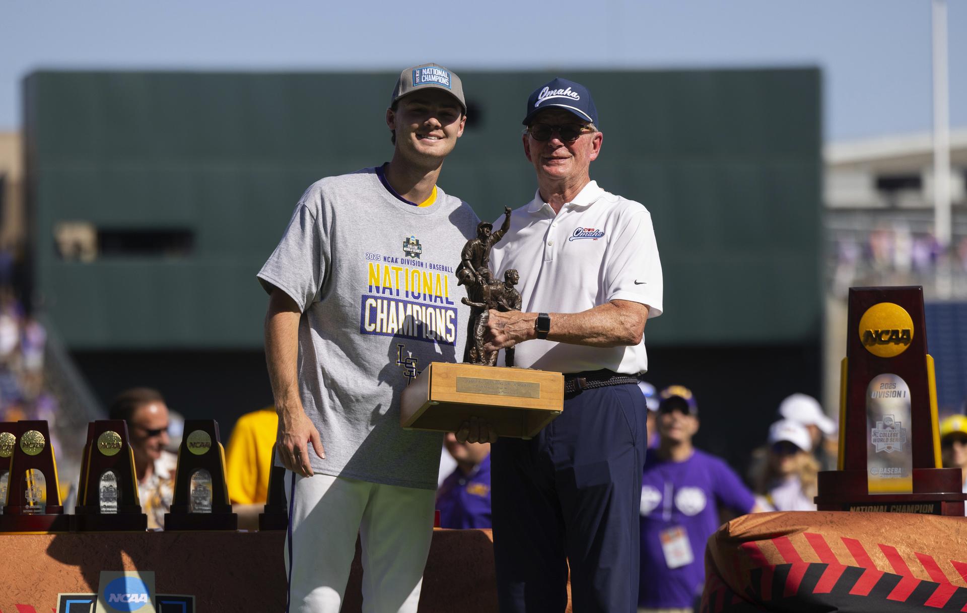 Kade Anderson (left, with Jack Diesing Jr.) helped LSU to the 2025 Men's College World Series title