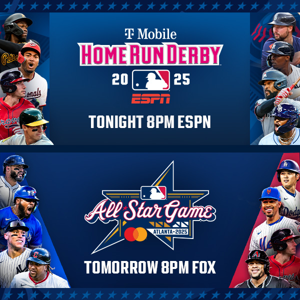 Watch the 2025 T-Mobile Home Run Derby tonight and the 2025 MLB All-Star Game presented by Mastercard tomorrow night!