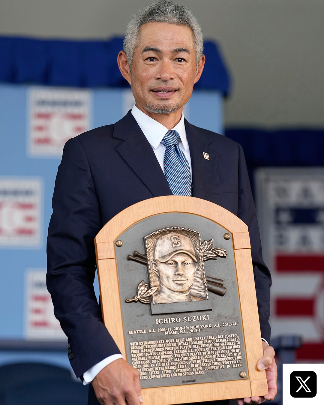 Ichiro Suzuki poses with his Hall of Fame plaque